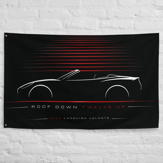 Aston Martin Vanquish Volante 2026 car silhouette flag - White Brick Wall