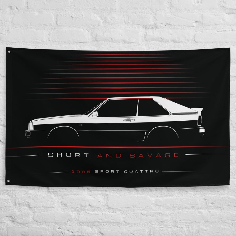 Audi Sport Quattro 1985 car silhouette flag - White Brick Wall