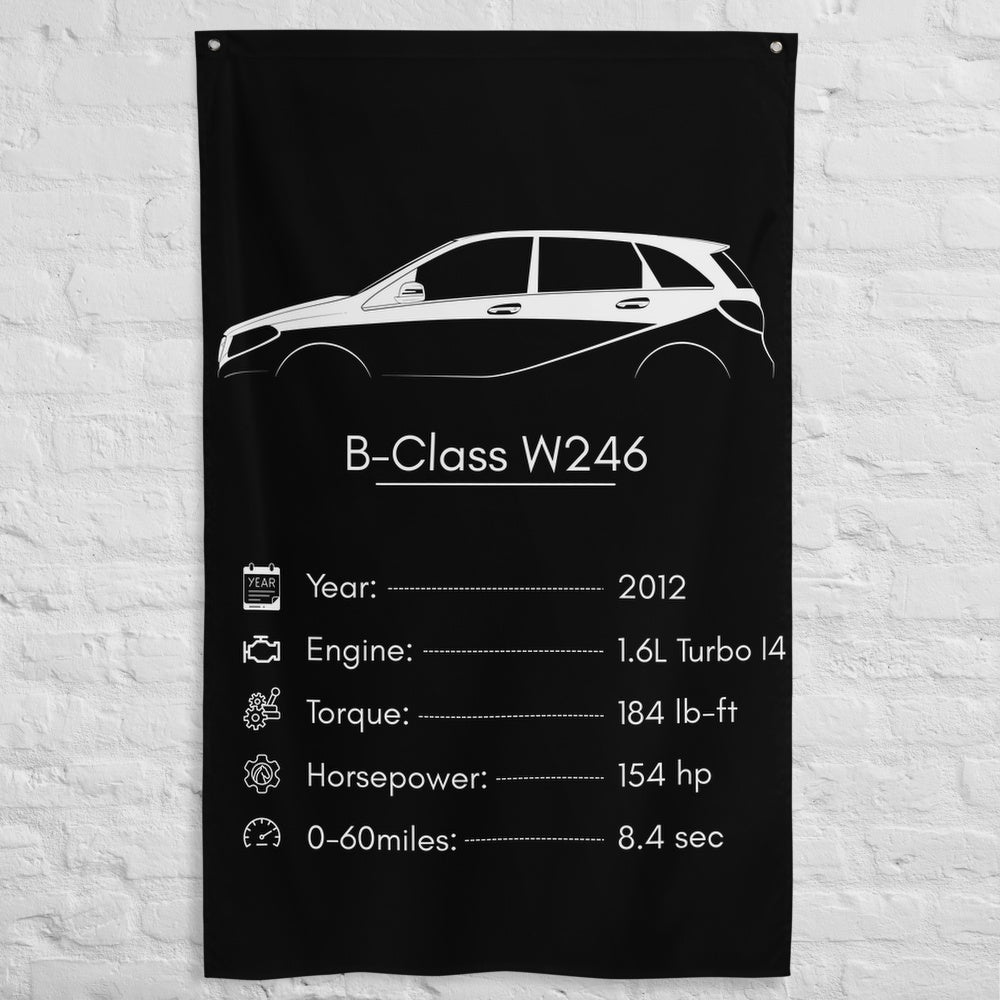 Mercedes-Benz B-Class W246 2012 car silhouette spec flag - White Brick Wall