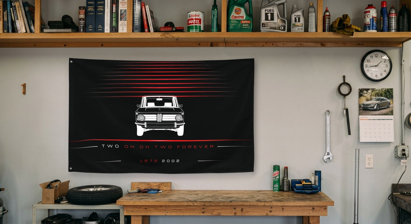 BMW 2002 1972 car silhouette flag - Garage Workbench