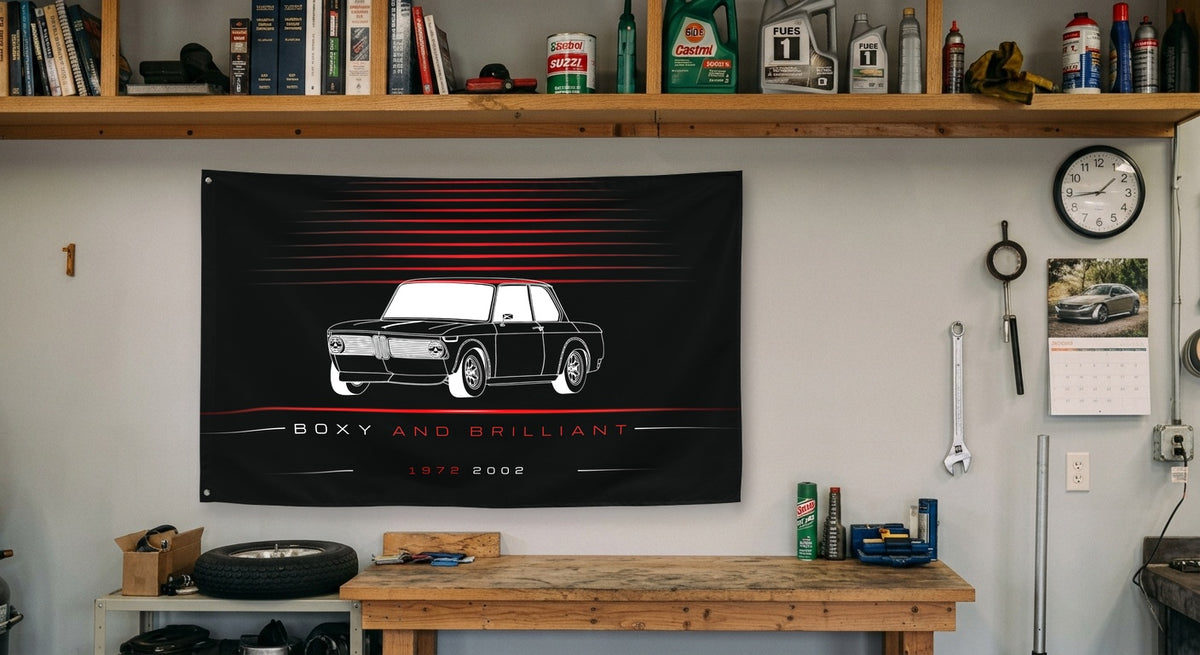 BMW 2002 Angle 1972 car silhouette flag - Garage Workbench