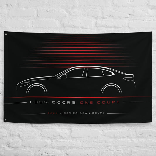 BMW 4 Series Gran Coupe 2022 car silhouette flag - White Brick Wall