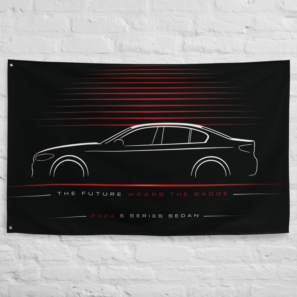 BMW 5 Series Sedan 2024 car silhouette flag - White Brick Wall