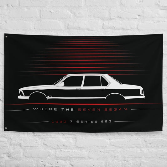 BMW 7 Series E23 1980 car silhouette flag - White Brick Wall