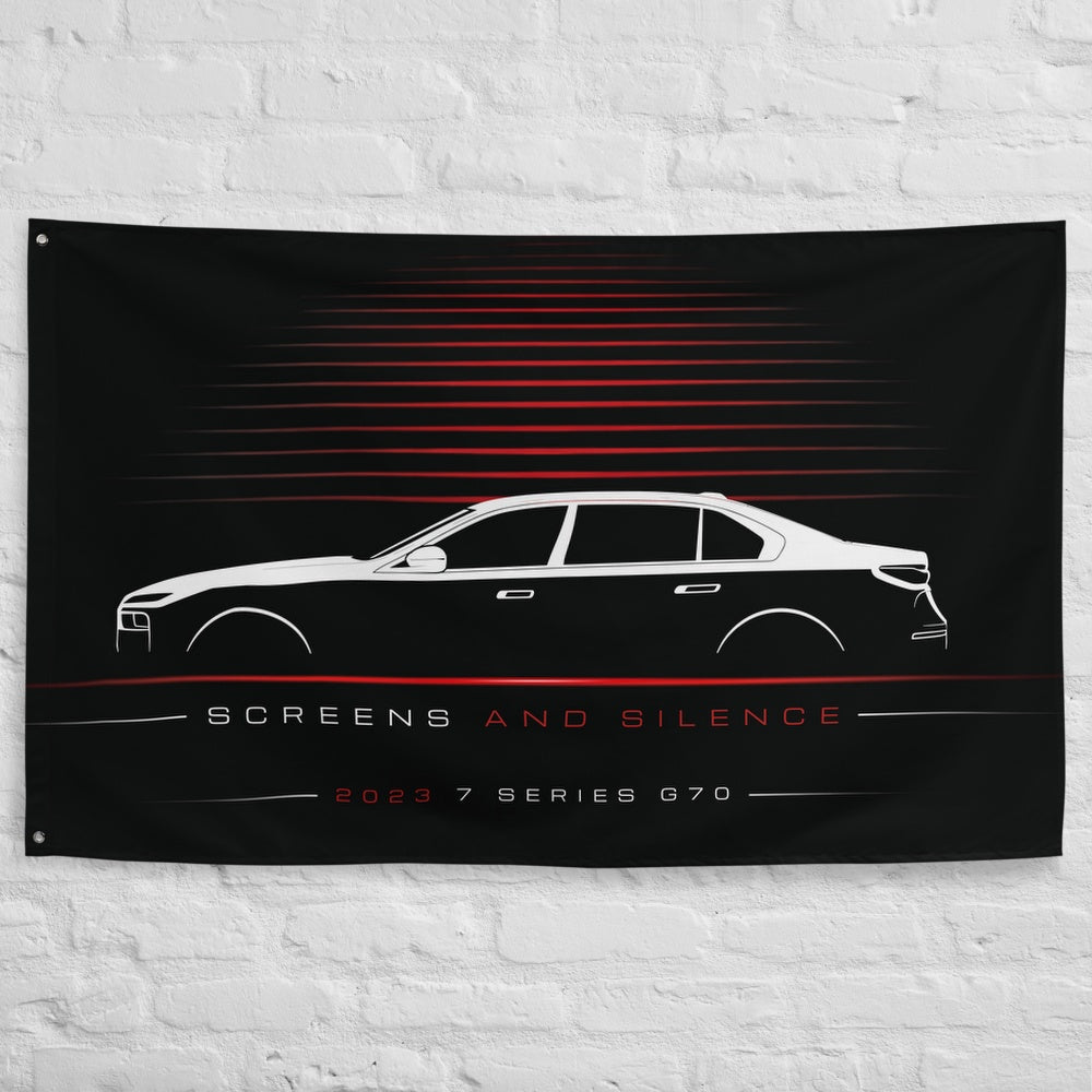 BMW 7 Series G70 2023 car silhouette flag - White Brick Wall