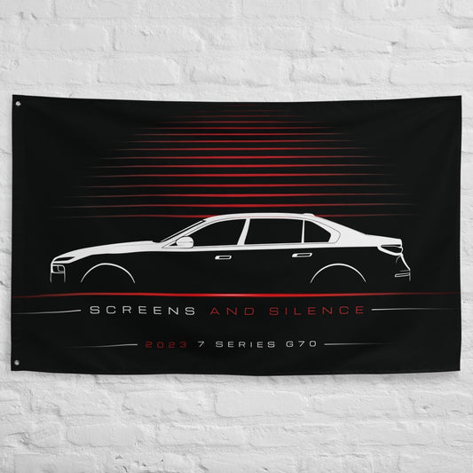 BMW 7 Series G70 2023 car silhouette flag - White Brick Wall