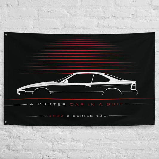 BMW 8 Series E31 1990 car silhouette flag - White Brick Wall
