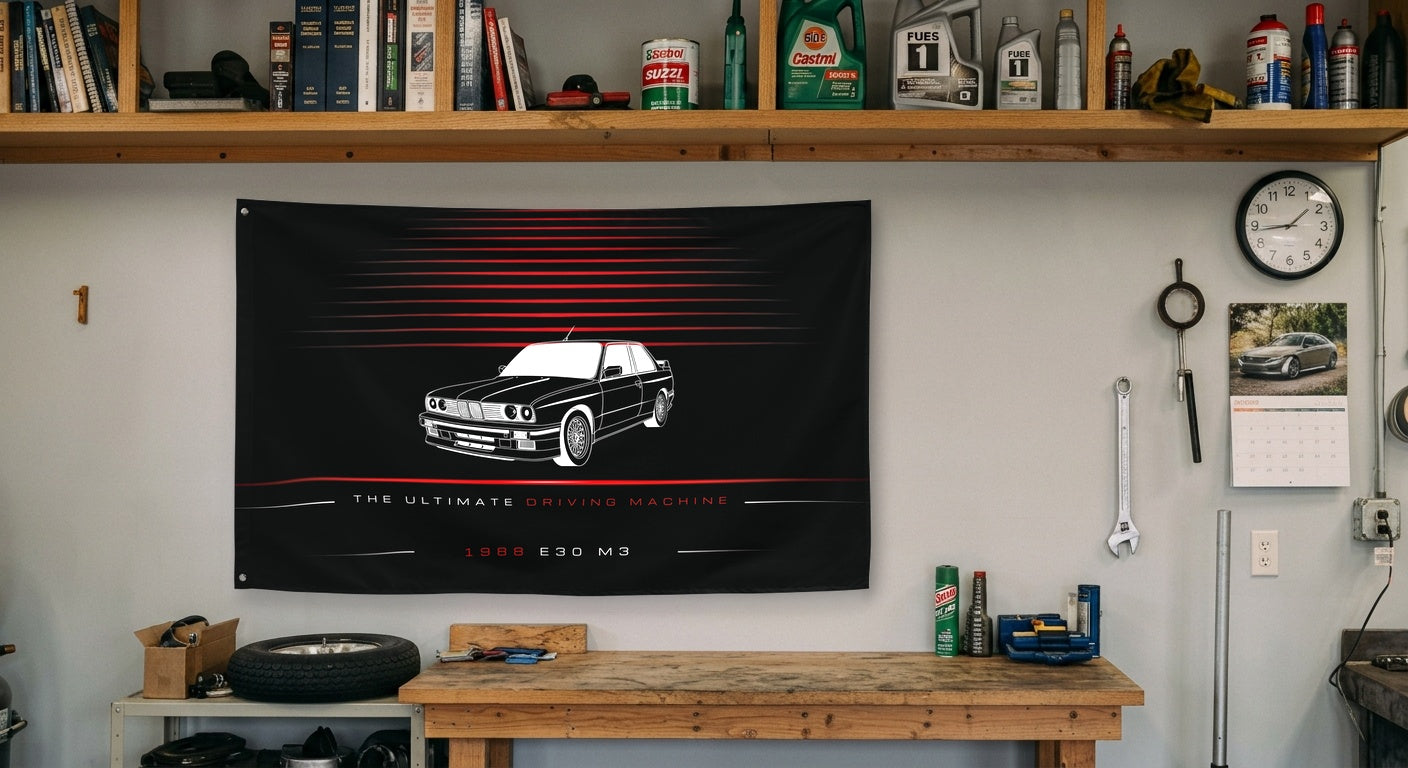 BMW E30 M3 1988 car silhouette flag - Garage Workbench