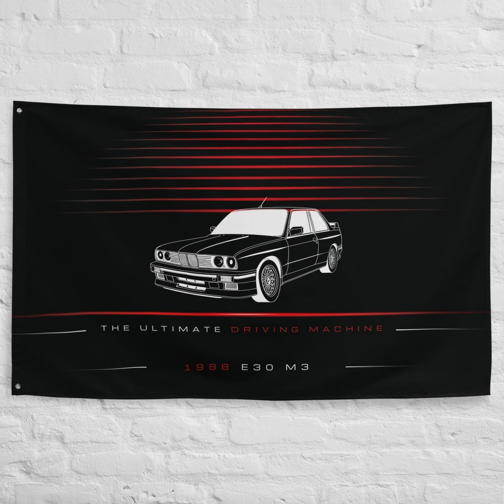 BMW E30 M3 1988 car silhouette flag - White Brick Wall