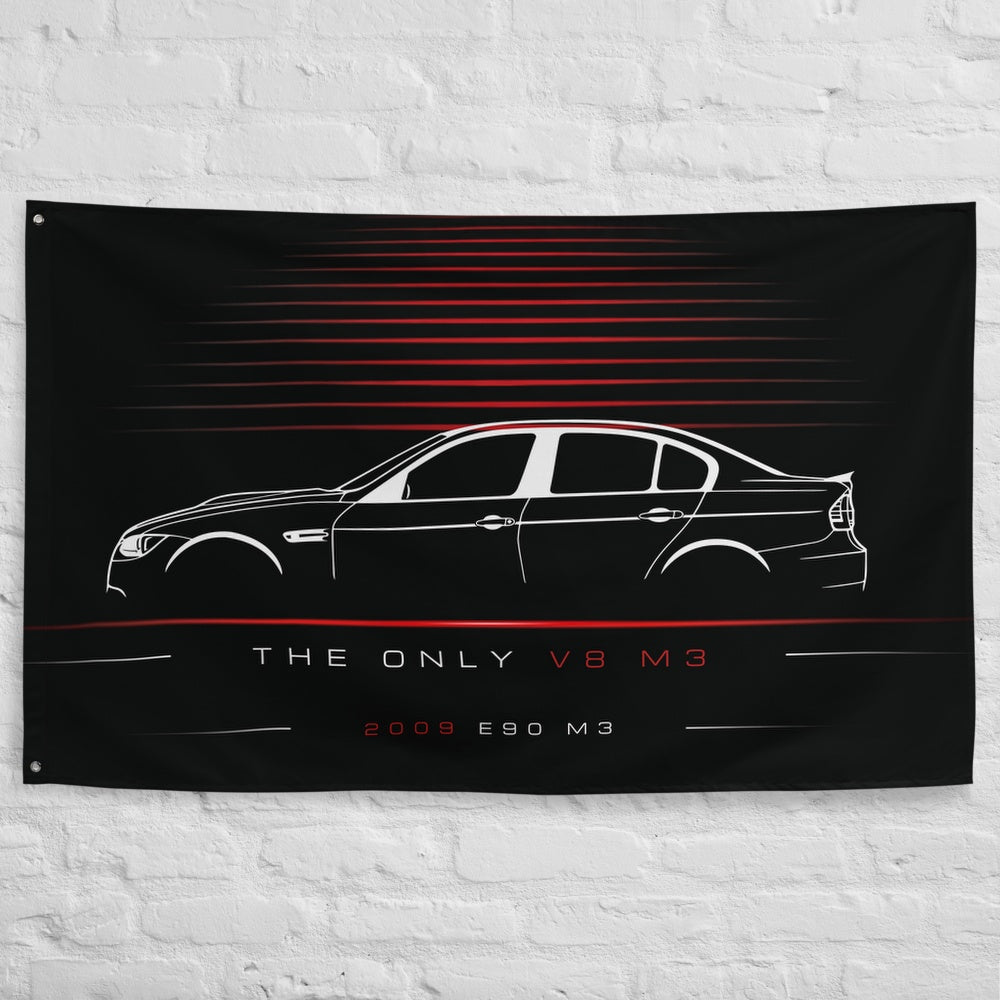 BMW E90 M3 2009 car silhouette flag - White Brick Wall