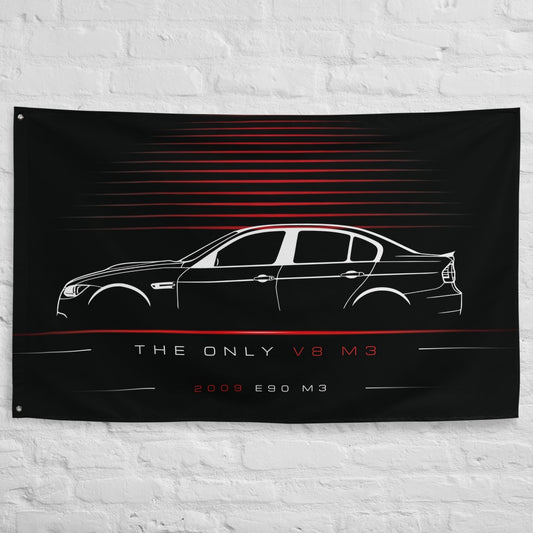 BMW E90 M3 2009 car silhouette flag - White Brick Wall
