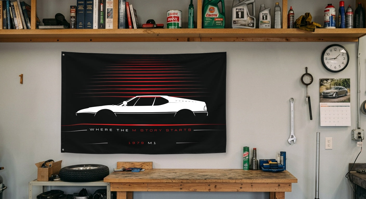 BMW M1 1979 car silhouette flag - Garage Workbench