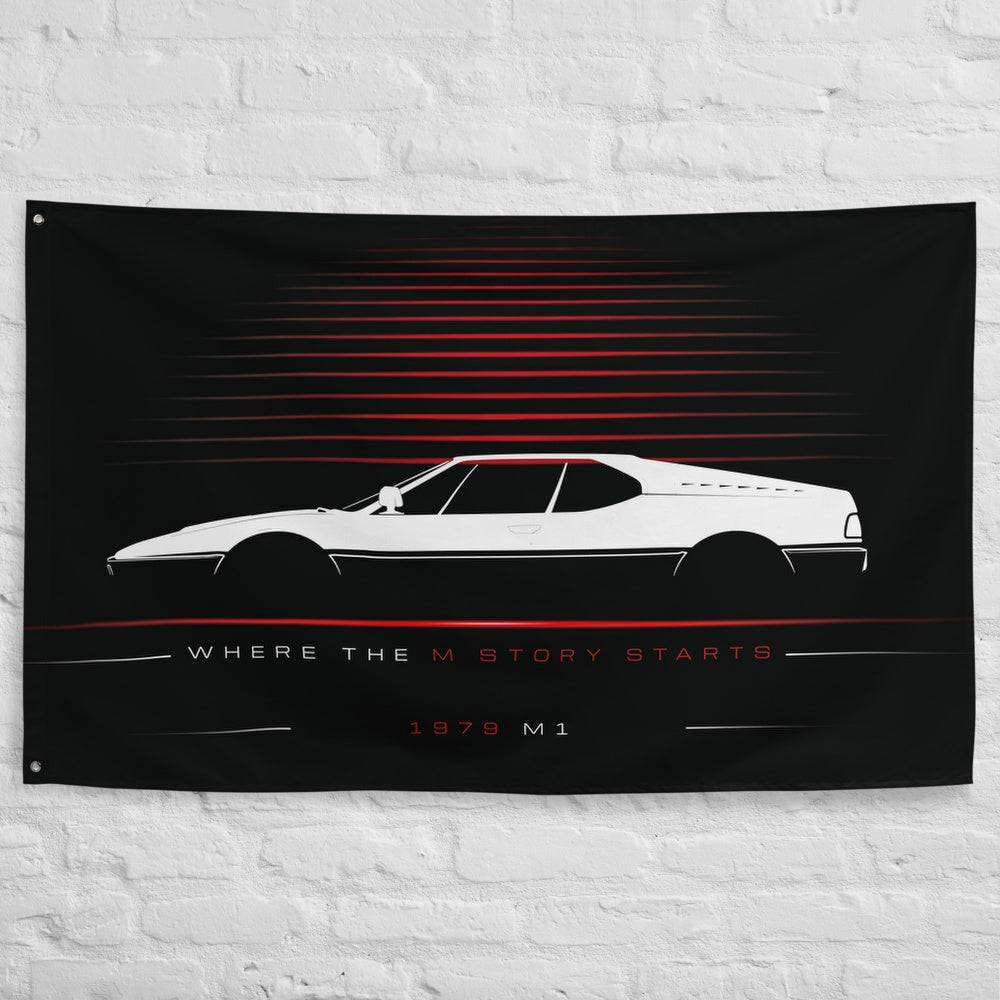 BMW M1 1979 car silhouette flag - White Brick Wall