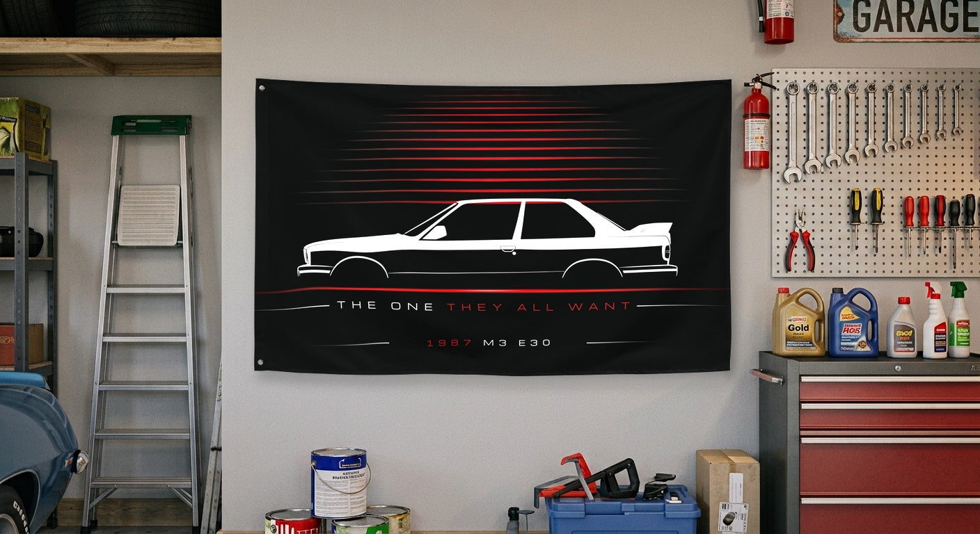 BMW M3 E30 1987 car silhouette flag - Garage Wall