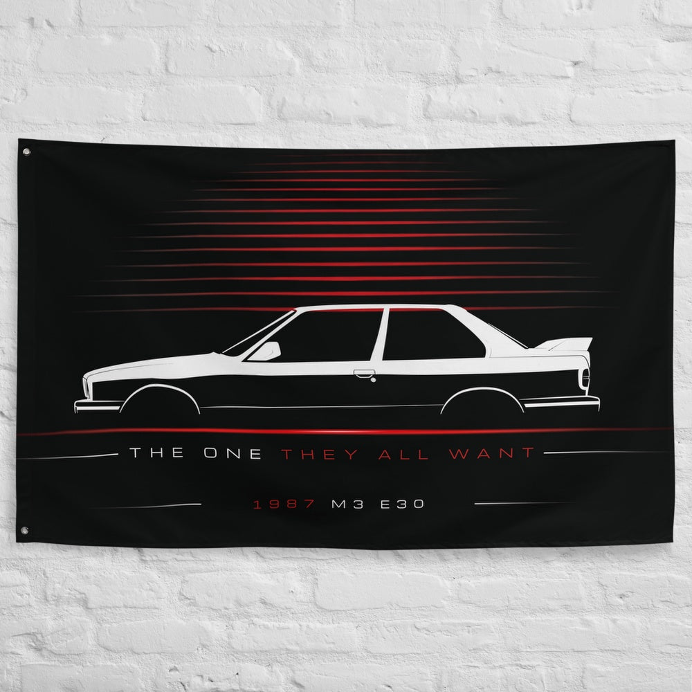 BMW M3 E30 1987 car silhouette flag - White Brick Wall