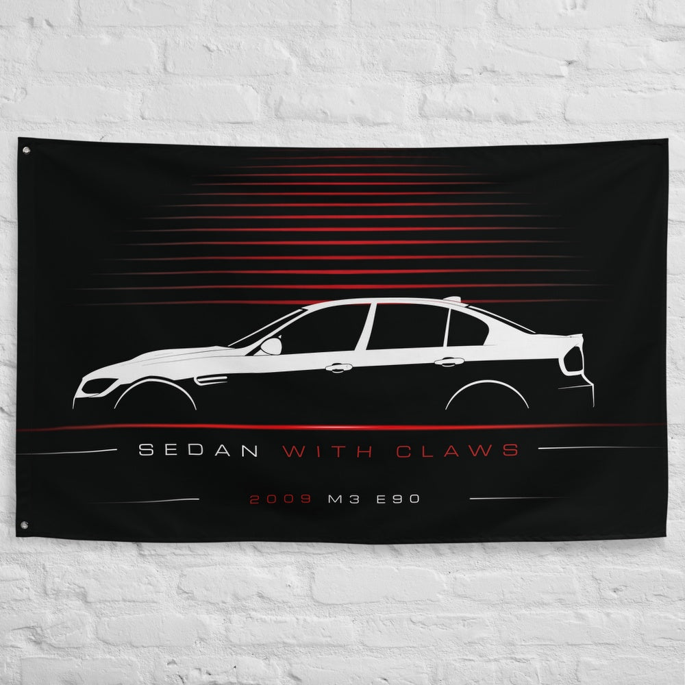 BMW M3 E90 2009 car silhouette flag - White Brick Wall