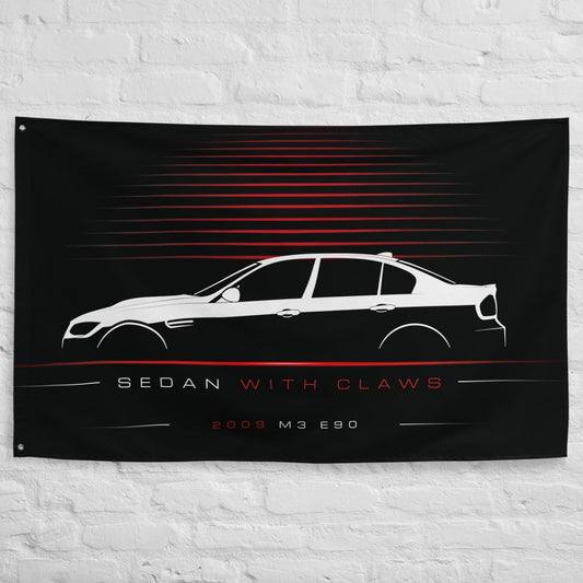 BMW M3 E90 2009 car silhouette flag - White Brick Wall