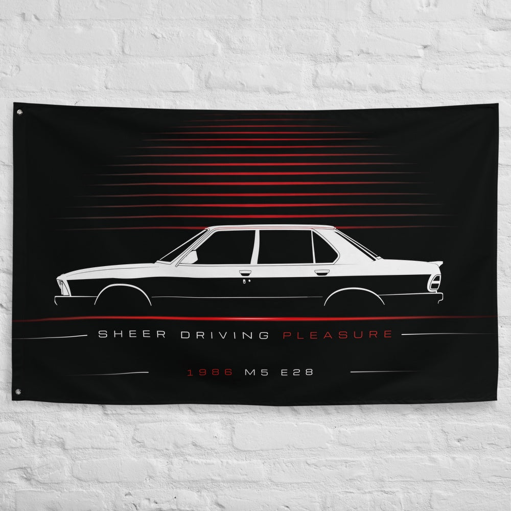 BMW M5 E28 1986 car silhouette flag - White Brick Wall