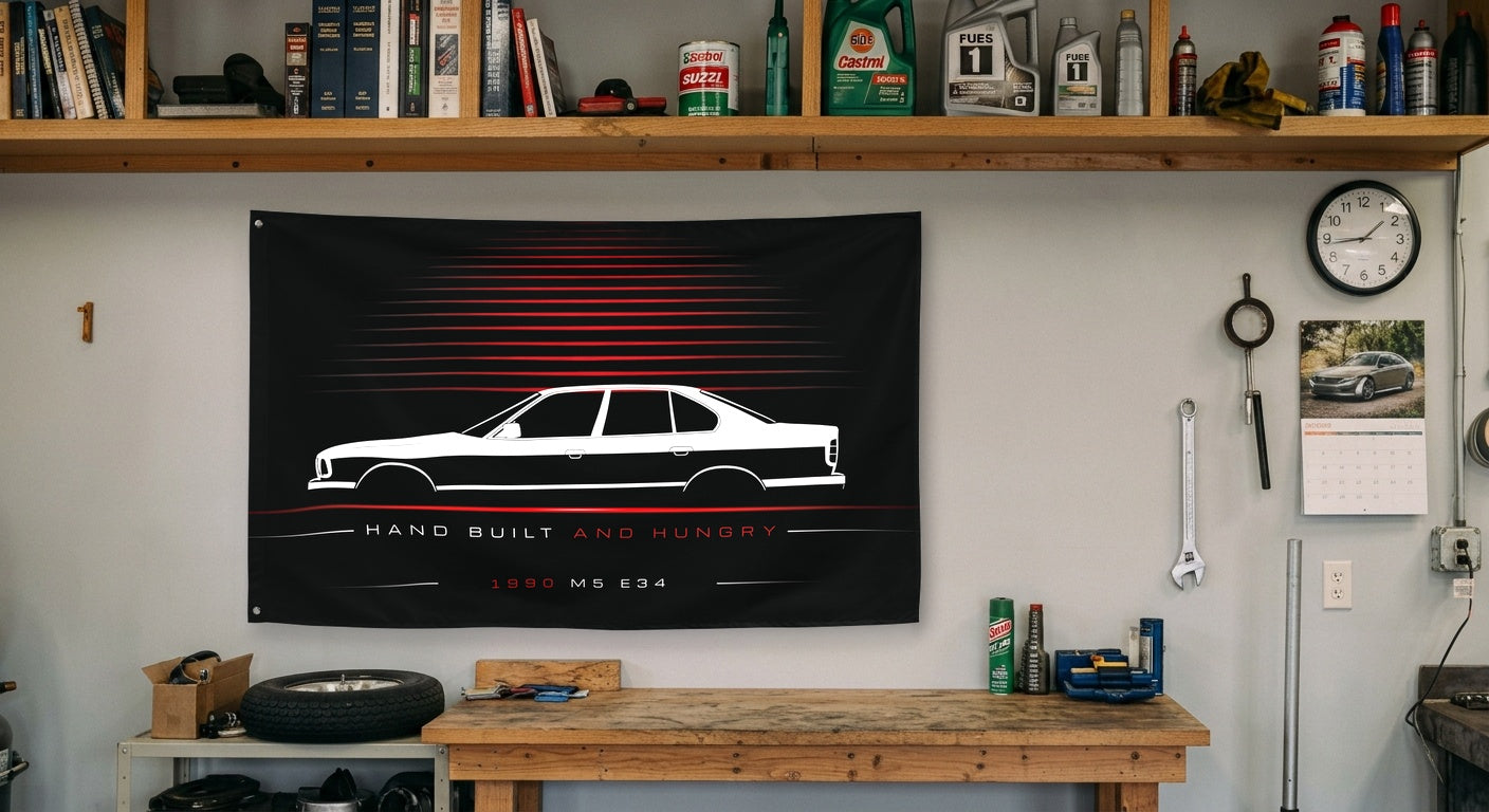 BMW M5 E34 1990 car silhouette flag - Garage Workbench