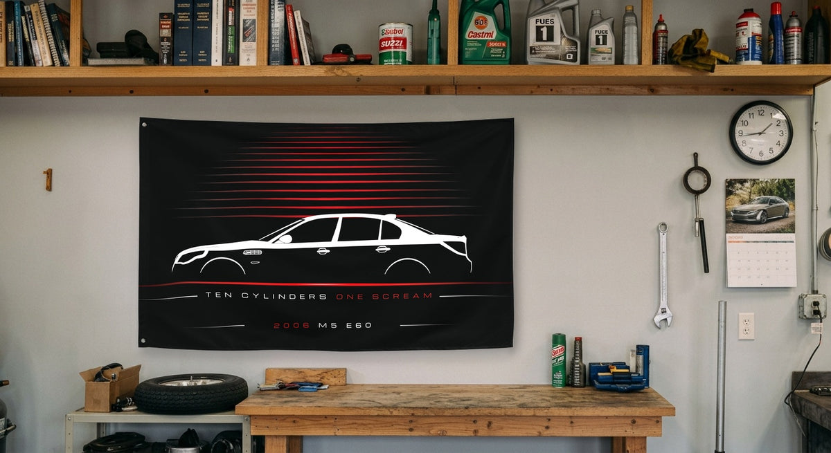 BMW M5 E60 2006 car silhouette flag - Garage Workbench