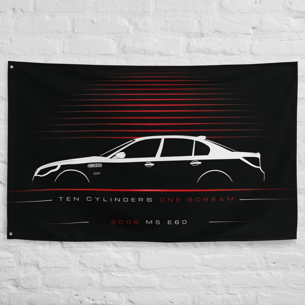 BMW M5 E60 2006 car silhouette flag - White Brick Wall
