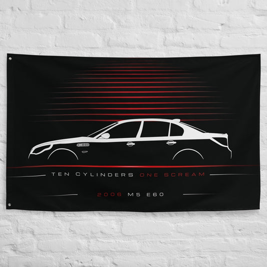 BMW M5 E60 2006 car silhouette flag - White Brick Wall