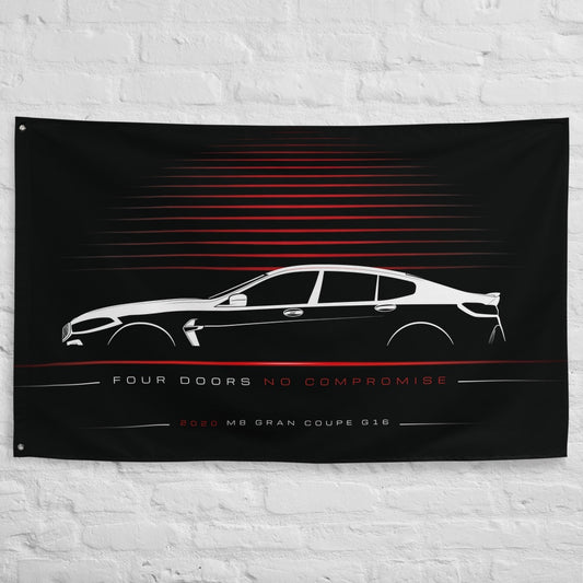 BMW M8 Gran Coupe G16 2020 car silhouette flag - White Brick Wall