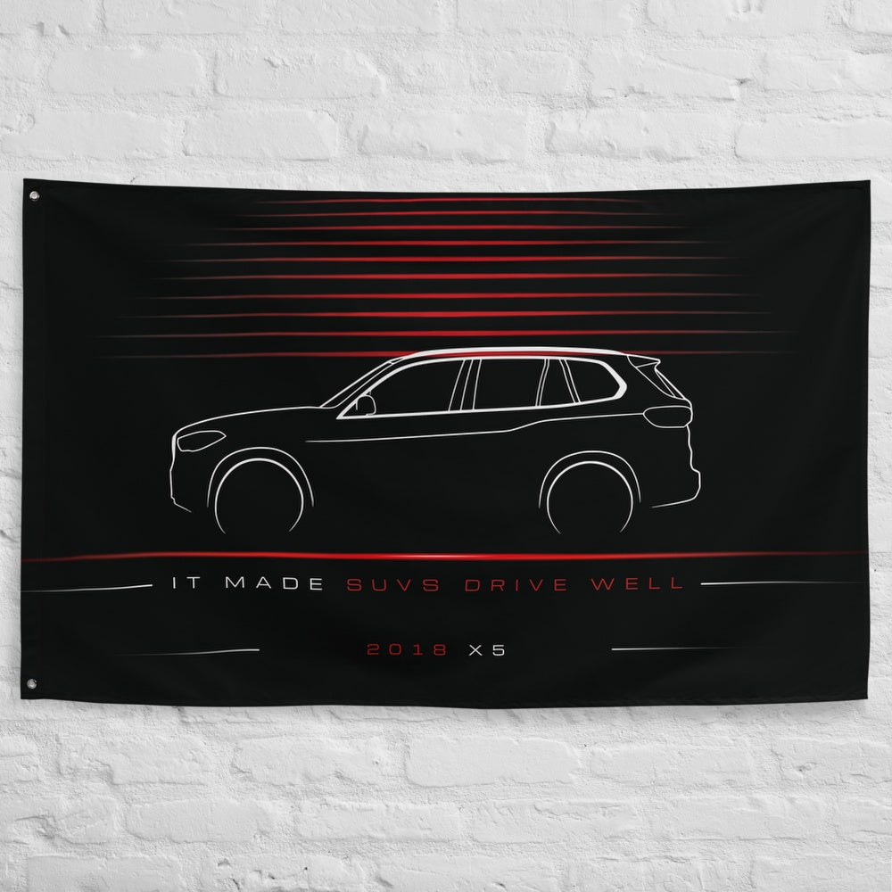 BMW X5 2018 car silhouette flag - White Brick Wall
