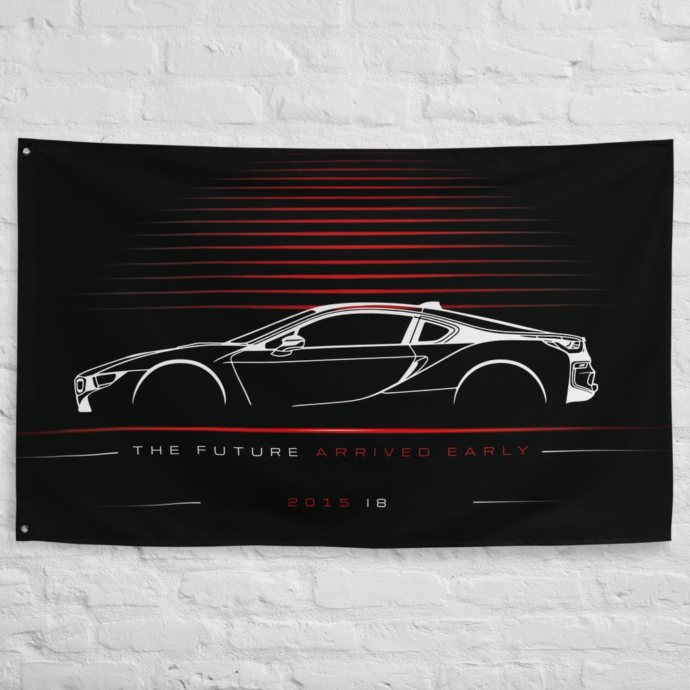 BMW i8 2015 car silhouette flag - White Brick Wall