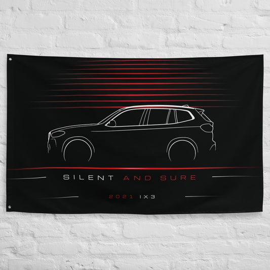 BMW iX3 2021 car silhouette flag - White Brick Wall