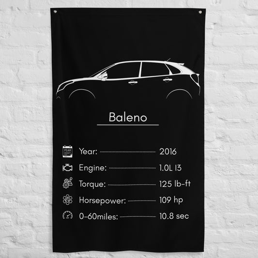 Suzuki Baleno 2016 car silhouette spec flag - White Brick Wall