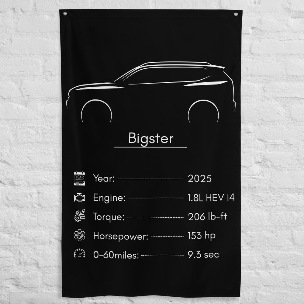 Dacia Bigster 2025 car silhouette spec flag - White Brick Wall