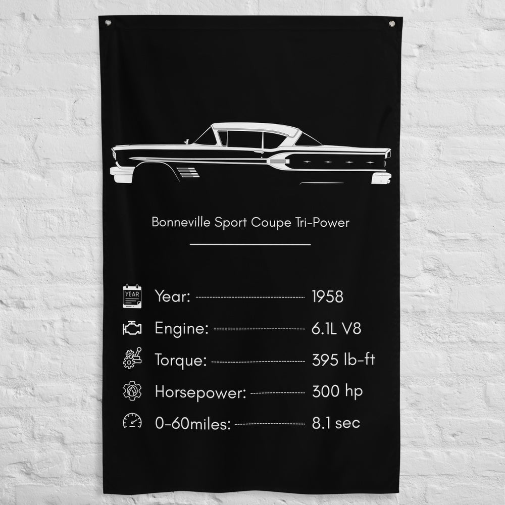 Pontiac Bonneville Sport Coupe Tri-Power 1958 car silhouette spec flag - White Brick Wall
