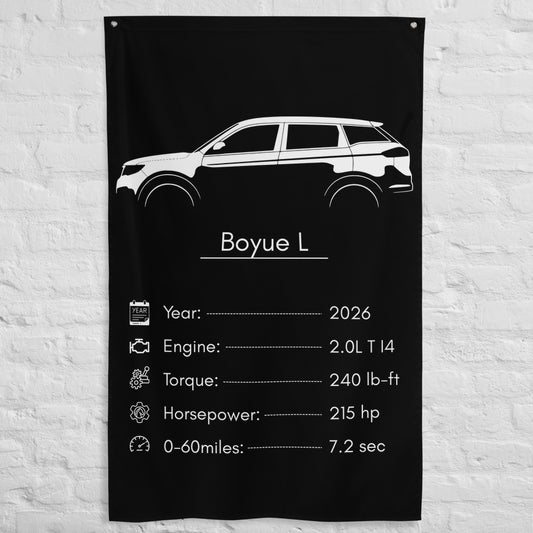 Geely Boyue L 2026 car silhouette spec flag - White Brick Wall
