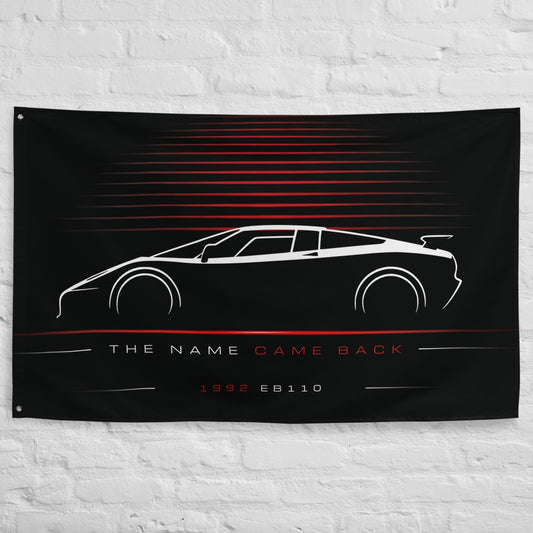 Bugatti EB110 1992 car silhouette flag - White Brick Wall