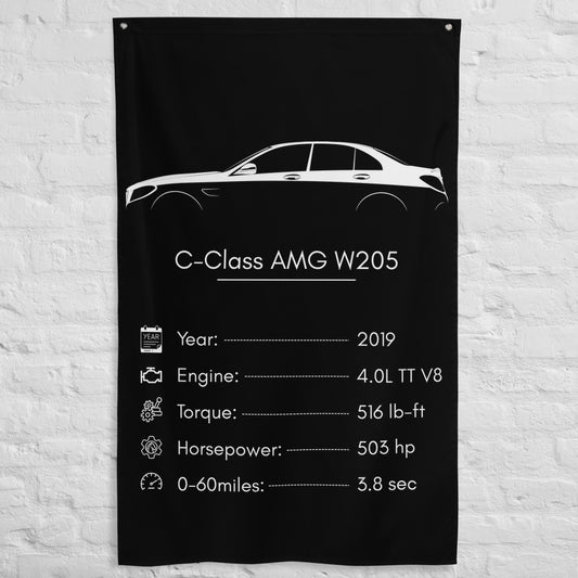 Mercedes-Benz C-Class AMG W205 2019 car silhouette spec flag - White Brick Wall
