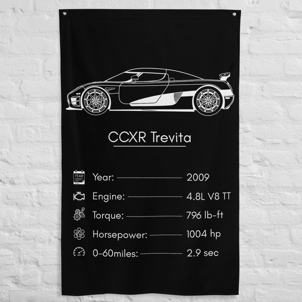 Koenigsegg CCXR Trevita 2009 car silhouette spec flag - White Brick Wall