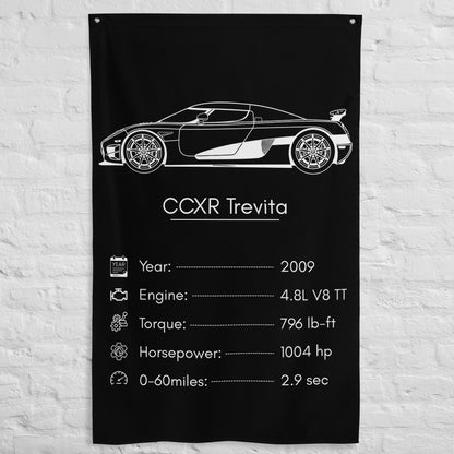 Koenigsegg CCXR Trevita 2009 car silhouette spec flag - White Brick Wall