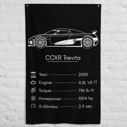 Koenigsegg CCXR Trevita 2009 car silhouette spec flag - White Brick Wall