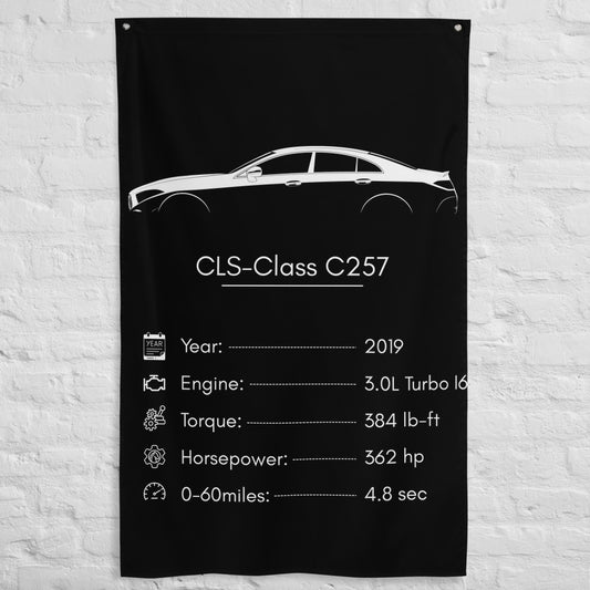Mercedes-Benz CLS-Class C257 2019 car silhouette spec flag - White Brick Wall