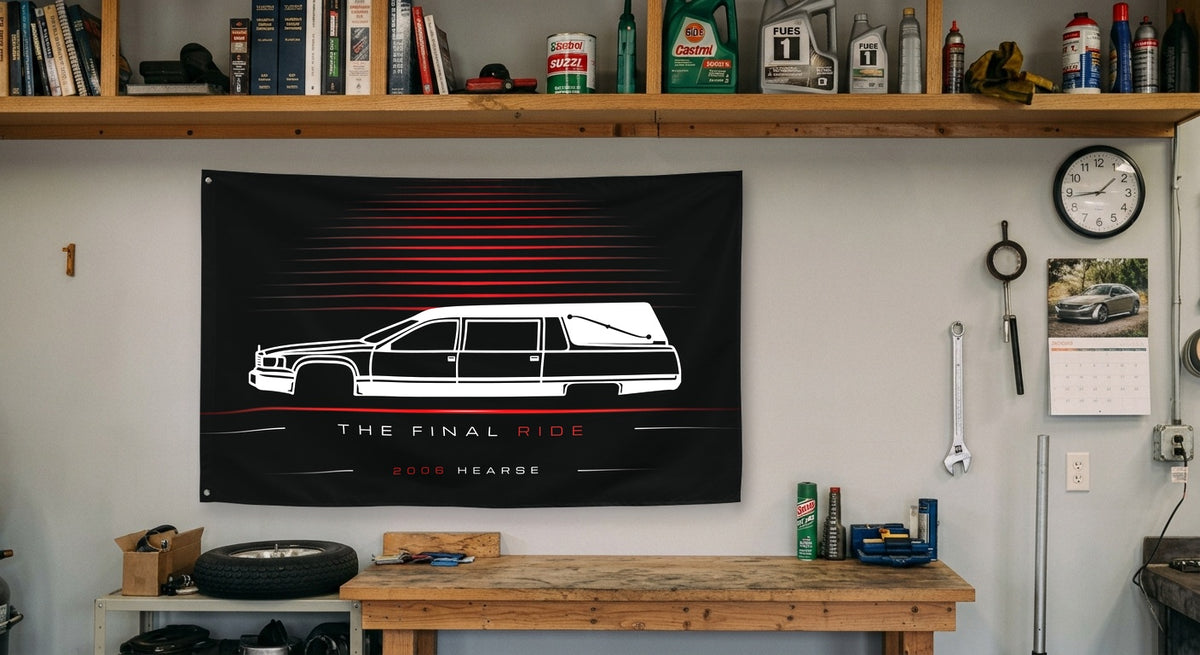 Cadillac Hearse 2006 car silhouette flag - Garage Workbench