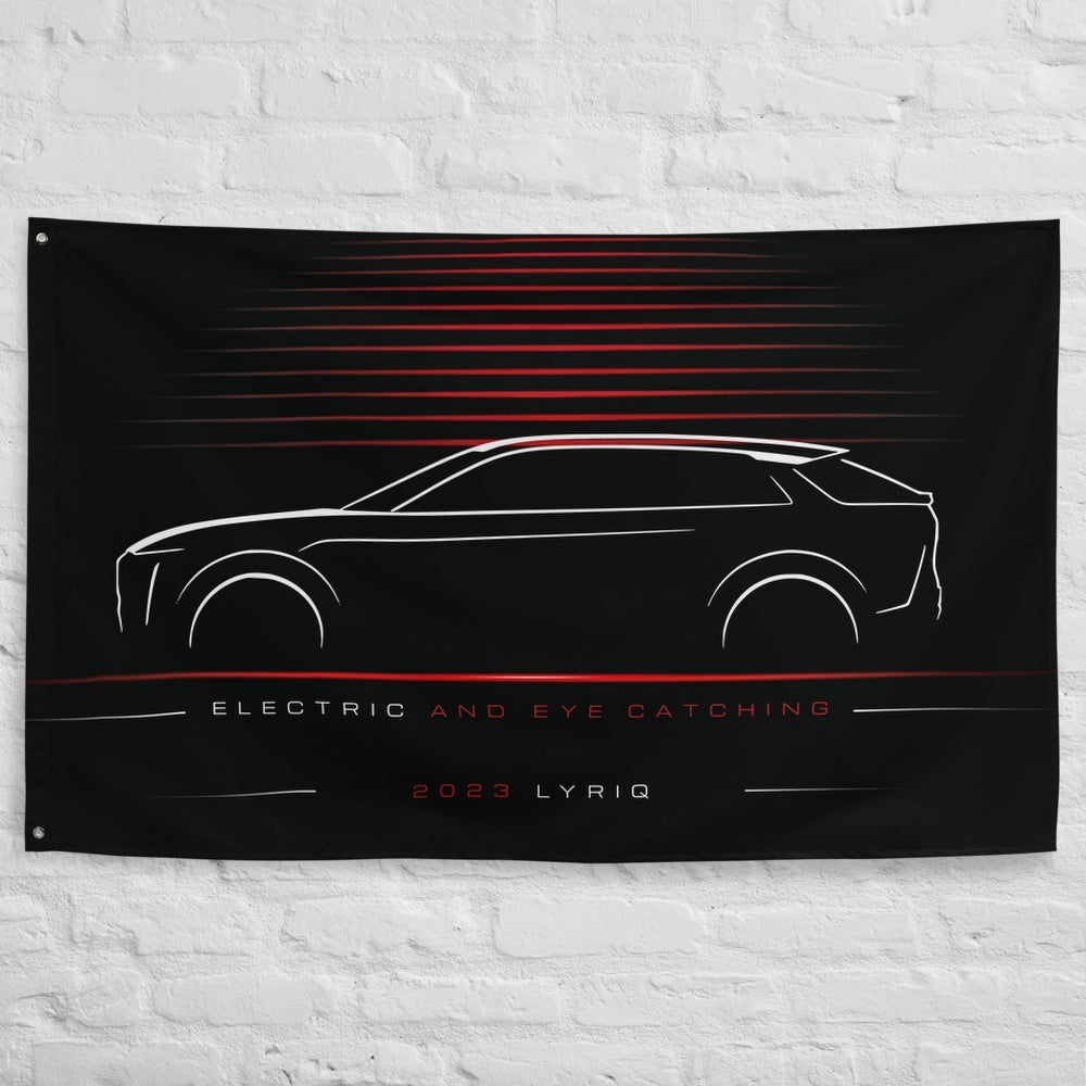 Cadillac Lyriq 2023 car silhouette flag - White Brick Wall