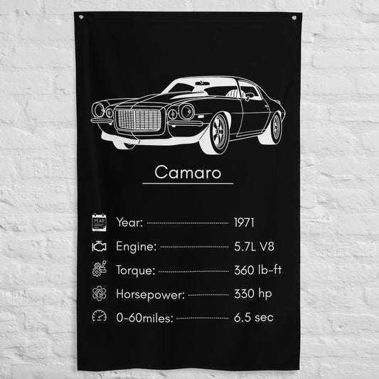 Chevrolet Camaro 1971 car silhouette spec flag - White Brick Wall