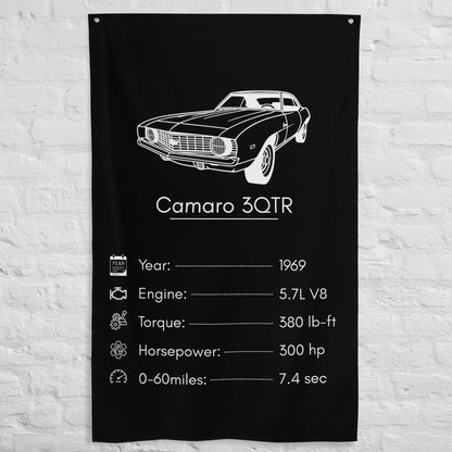 Chevrolet Camaro 3QTR 1969 car silhouette spec flag - White Brick Wall