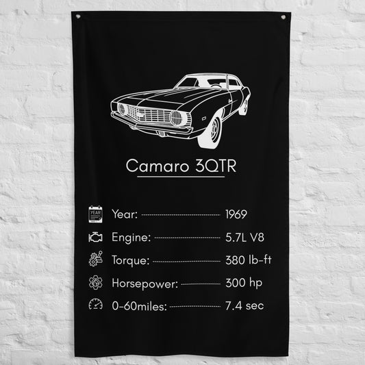 Chevrolet Camaro 3QTR 1969 car silhouette spec flag - White Brick Wall