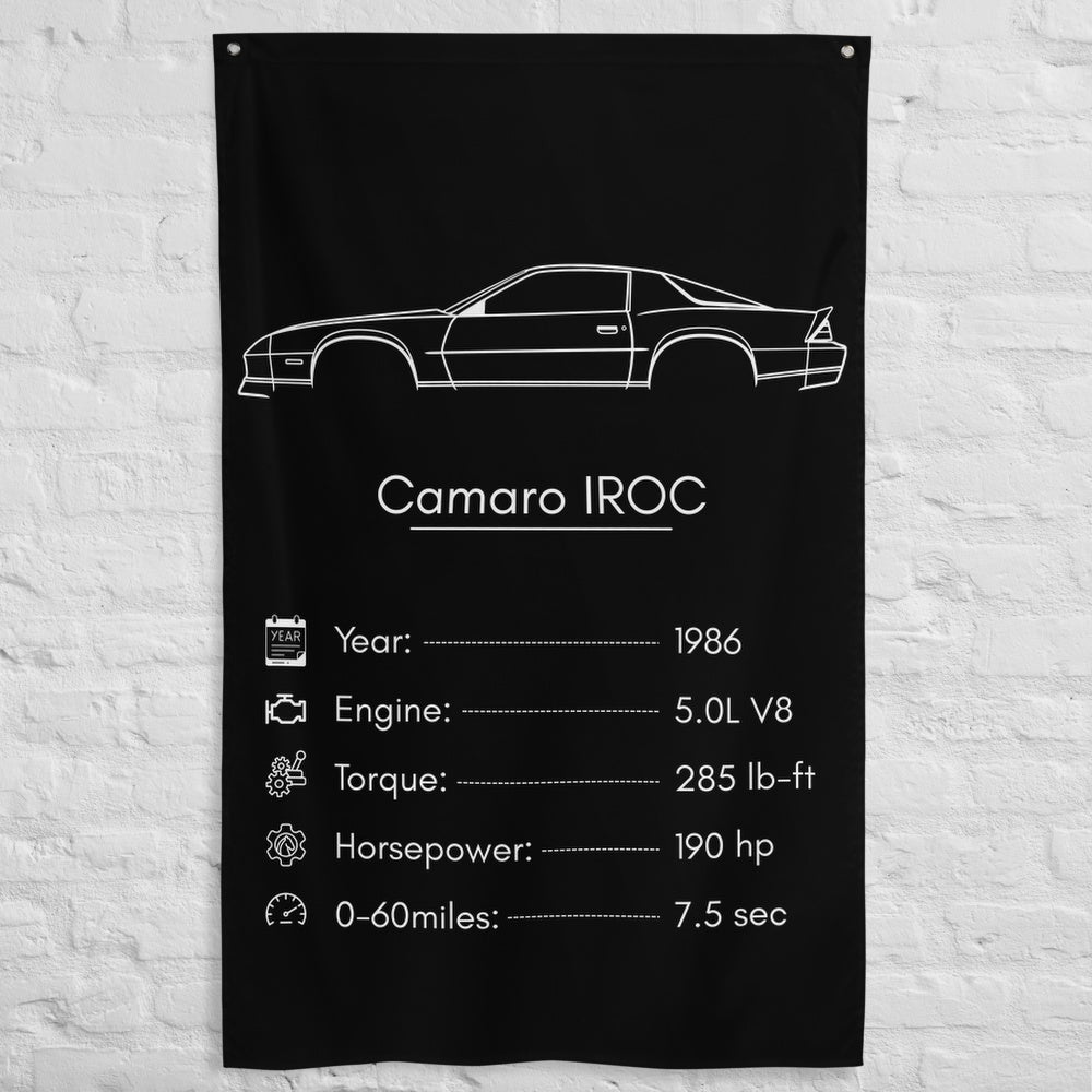 Chevrolet Camaro IROC 1986 car silhouette spec flag - White Brick Wall