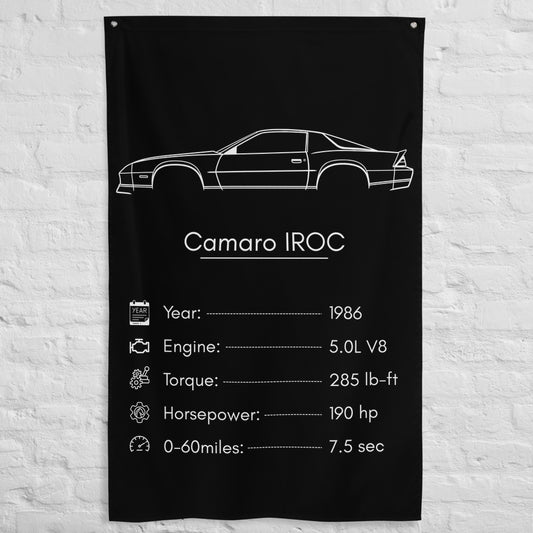 Chevrolet Camaro IROC 1986 car silhouette spec flag - White Brick Wall