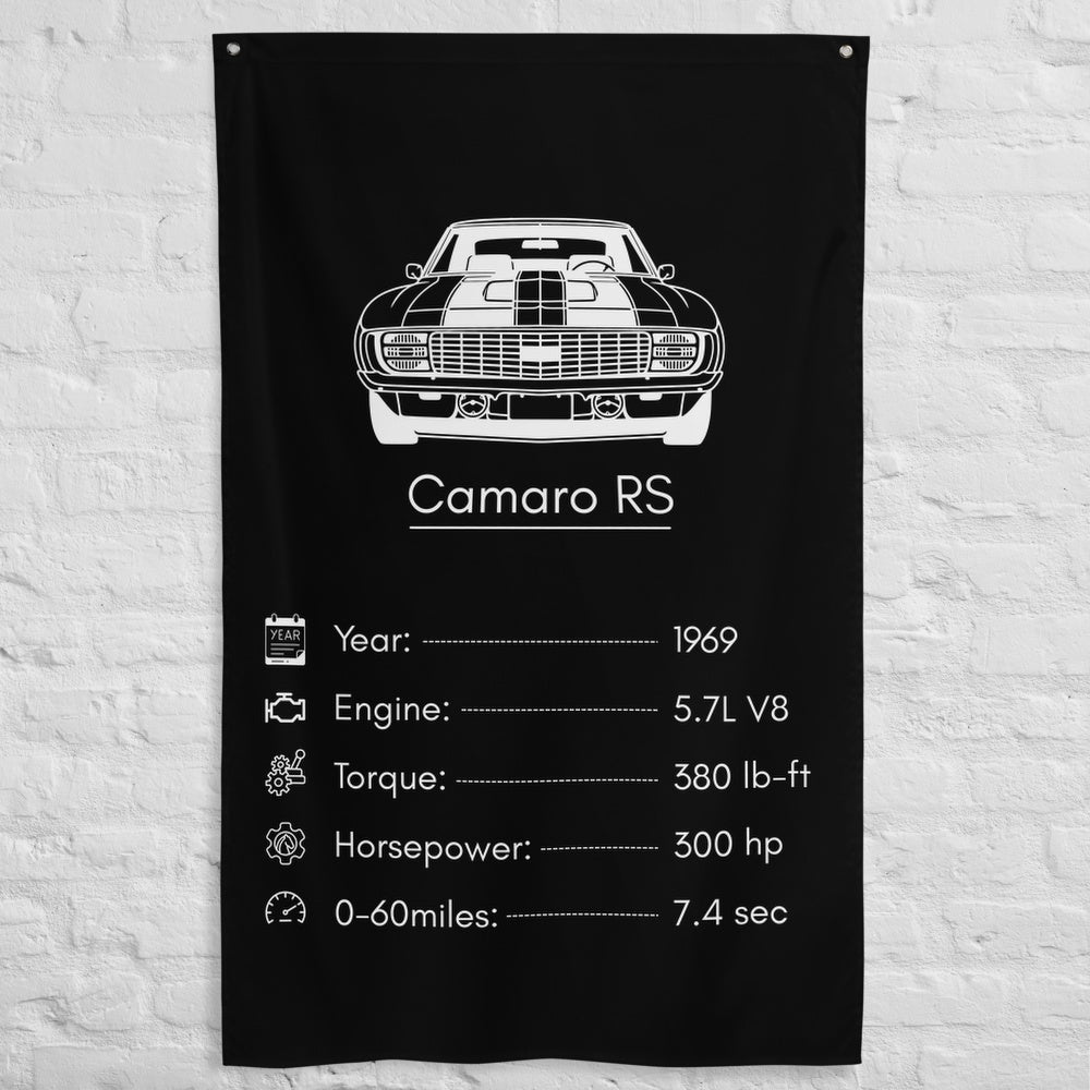 Chevrolet Camaro RS 1969 car silhouette spec flag - White Brick Wall