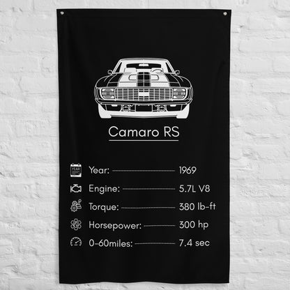 Chevrolet Camaro RS 1969 car silhouette spec flag - White Brick Wall