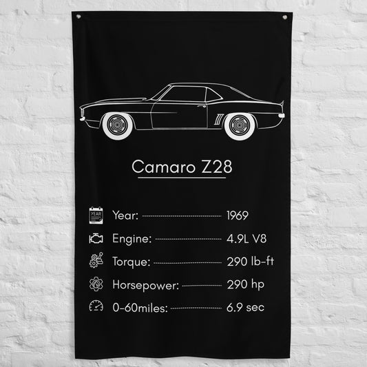Chevrolet Camaro Z28 1969 car silhouette spec flag - White Brick Wall